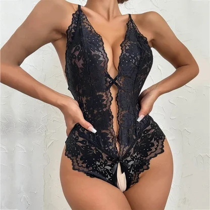 Deep V-neck Crotchless Lace Bodysuit - Image 4