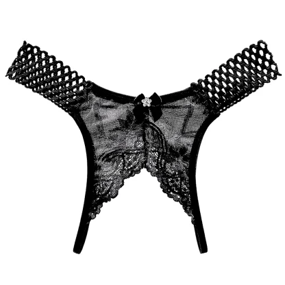 Fishnet Open Crotch Thong with Floral Lace - Image 4