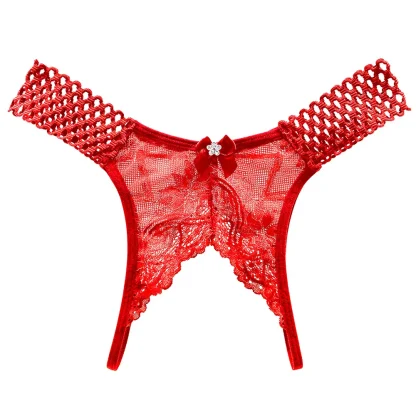 Fishnet Open Crotch Thong with Floral Lace